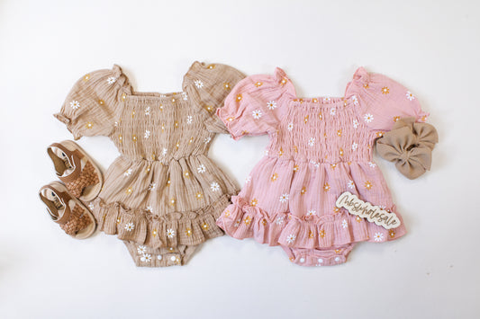 RTS - Darcy Linen Floral Romper + Bow - PACK (0/3M, 3/6M, 6/12M, 12/18M)