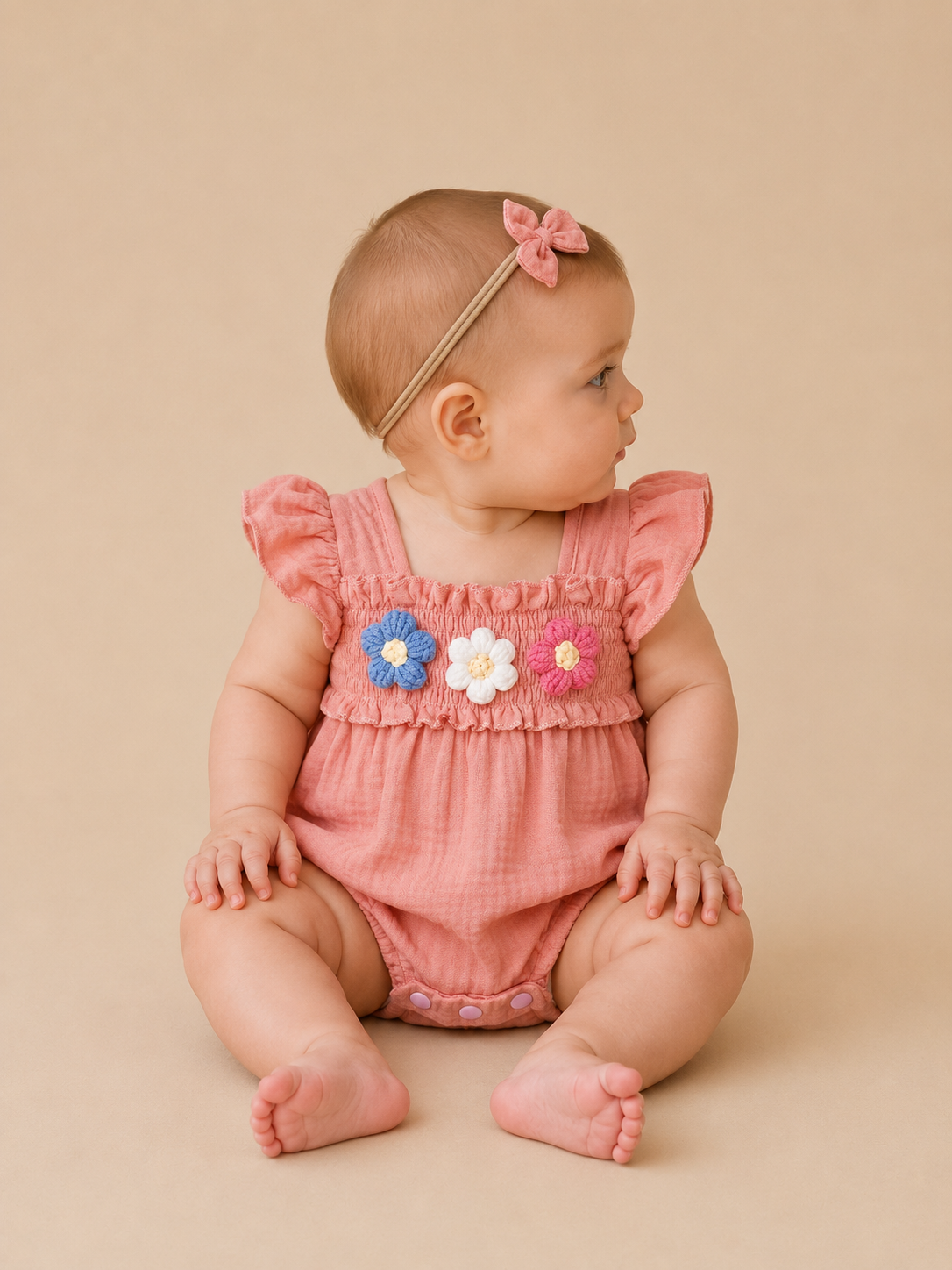 Peach Floral Linen Romper - PACK (0/3M, 3/6M, 6/12M, 12/18M)