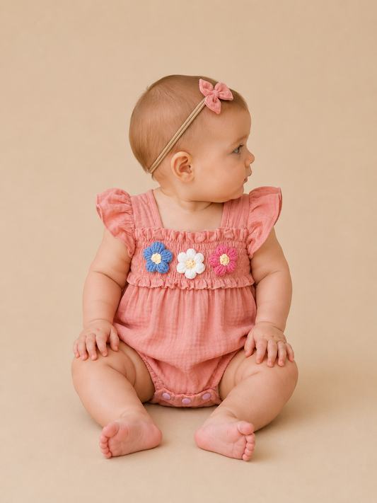 Peach Floral Linen Romper - PACK (0/3M, 3/6M, 6/12M, 12/18M)