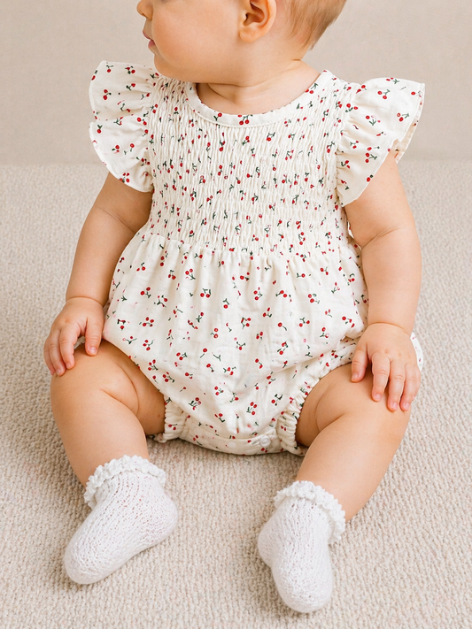 Cherry Ivory Linen Romper - PACK (0/3M, 3/6M, 6/9M, 9/12M)