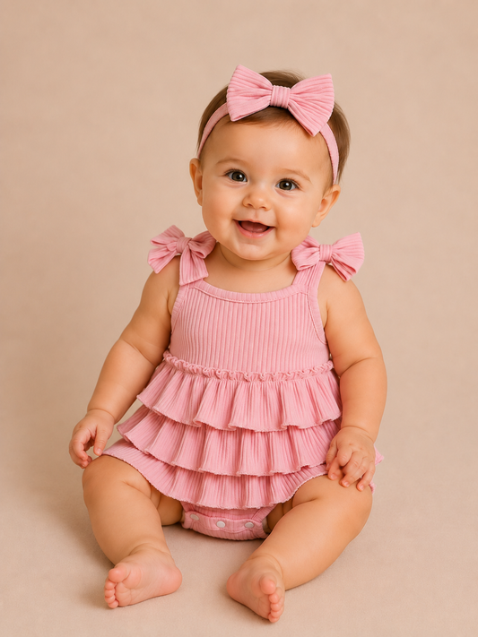 Cotton Ribbed Ruffle Pink Romper - PACK (0/3M, 3/6M, 6/12M, 12/18M)
