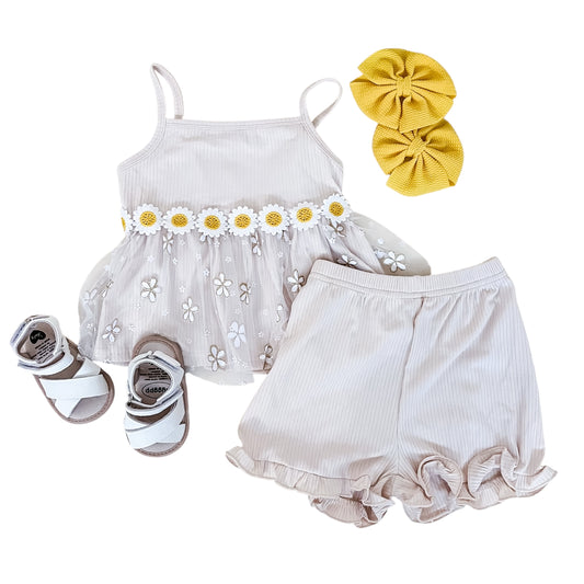 Ribbed Beige Floral Shorts Set - PACK (4T, 5T, 6T, 7T)